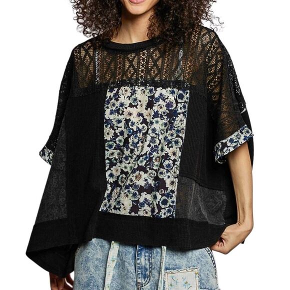 POL Women's Sheer Casual Crochet Patchwork Lace Accent Baggy Knit Shirt sz Mediu